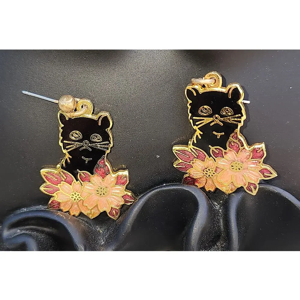 Cloisonne Gold Tone Black Cat Floral Enamel Pierced Dangle Earrings